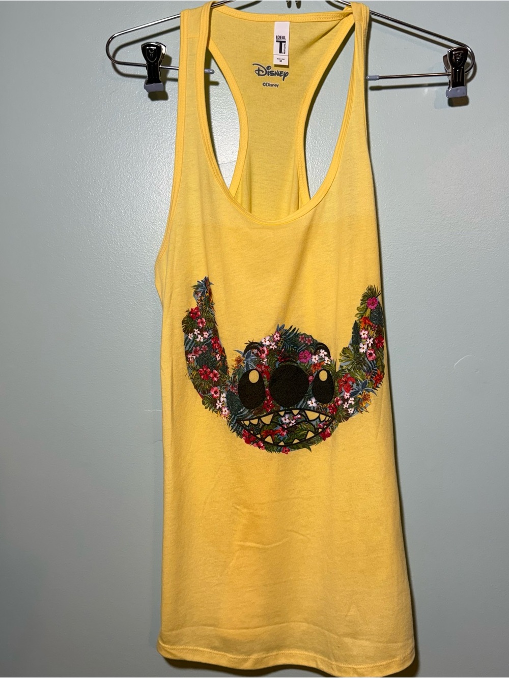 Junior Women’s Lilo & Stitch Yellow Tropical Floral Racerback Tank